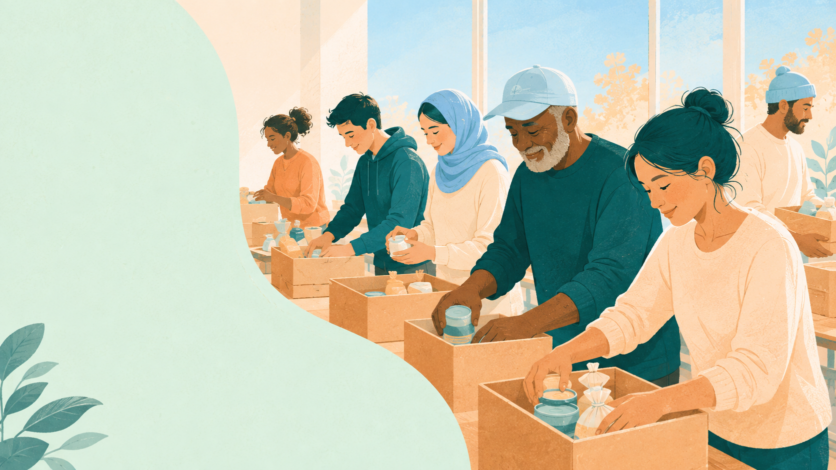 Volunteers packing meals together as an act of remembrance and service.