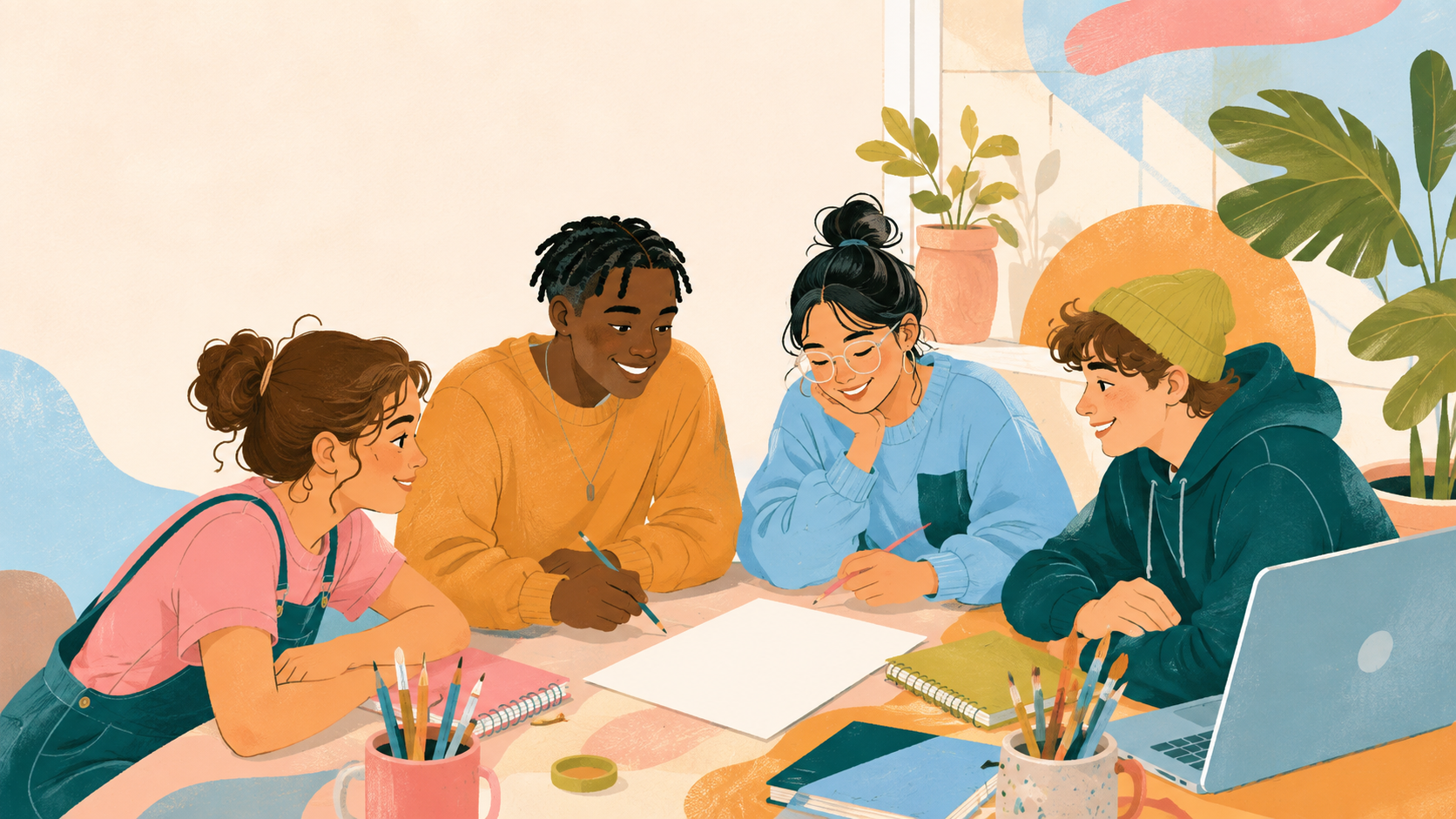 Students gathered around a table with notebooks and a scholarship letter.