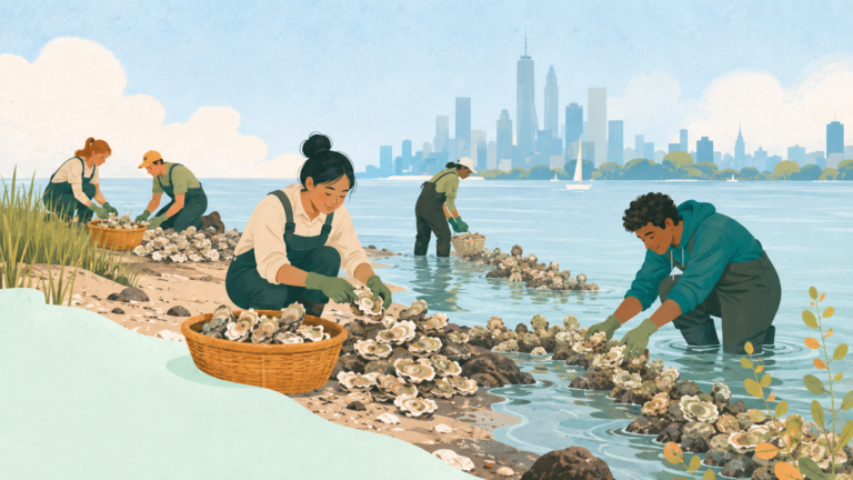 Editorial illustration for New Yorkers’ oyster shells are helping rebuild harbor reefs