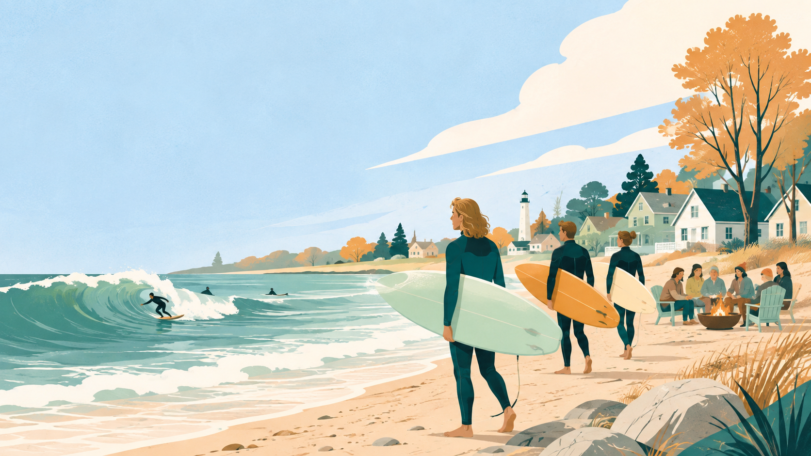 Editorial illustration for Sheboygan’s “Malibu of the Midwest” surf culture turns lake waves into community
