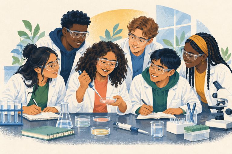 Community-college students studying together at a life-sciences lab table.