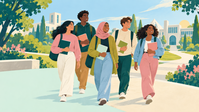 Five students walk together across a bright campus courtyard toward their next opportunity.