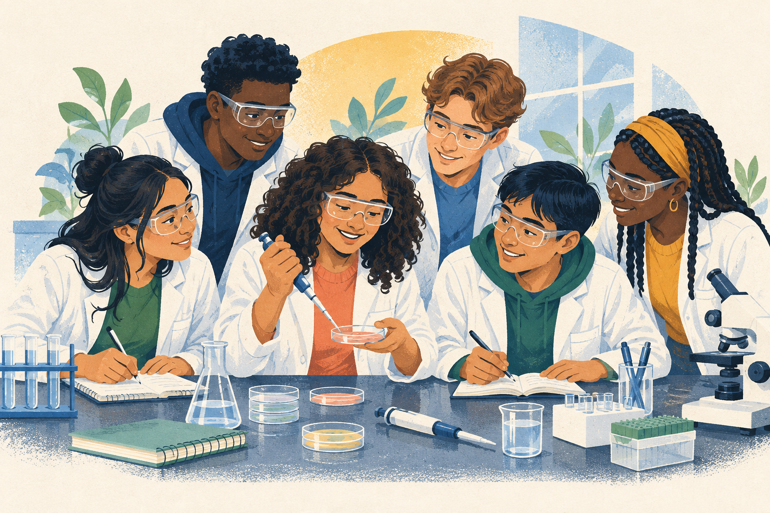 Community-college students studying together at a life-sciences lab table.