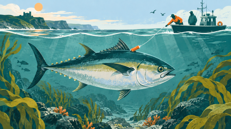 A bluefin tuna swims through kelp beneath a research boat off a northern coast.