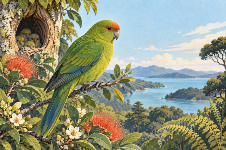 An orange-fronted parakeet perched among sanctuary foliage.