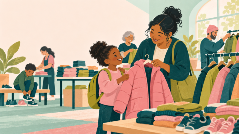 A child and caregiver choose a coat at a welcoming community clothes exchange.