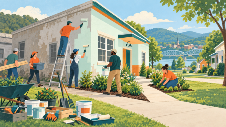 Volunteers paint, plant, and repair a neighborhood during a community day of caring.