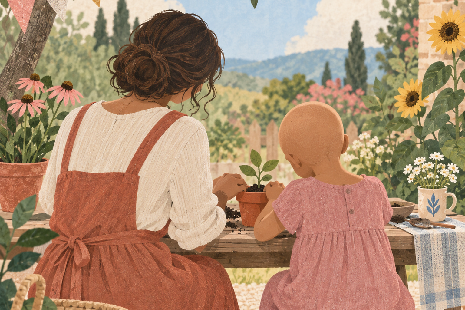 A mentor and child sharing a supportive moment in a garden play space.