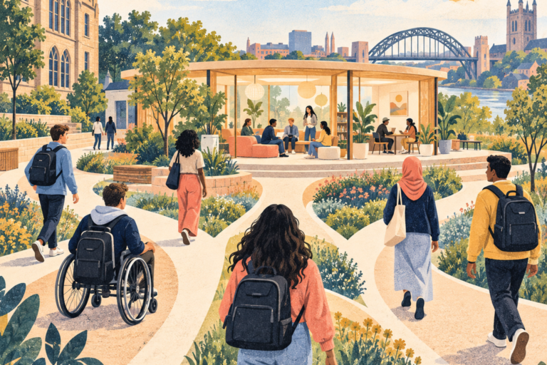 Students walking along connected campus paths toward a welcoming support space.