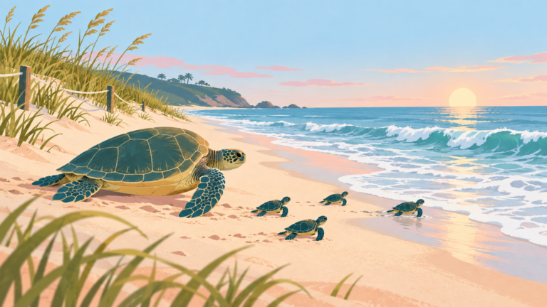 A sea turtle and hatchlings move toward the ocean along a protected dawn beach.