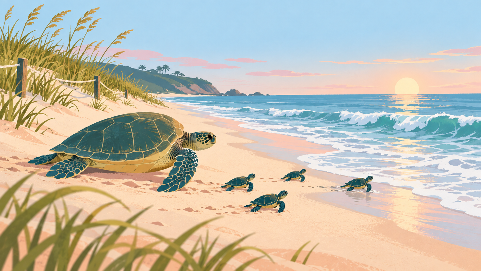 A sea turtle and hatchlings move toward the ocean along a protected dawn beach.