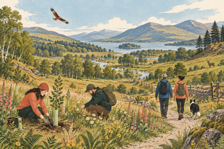 A restored Scottish landscape connecting woodland and meadow habitat.
