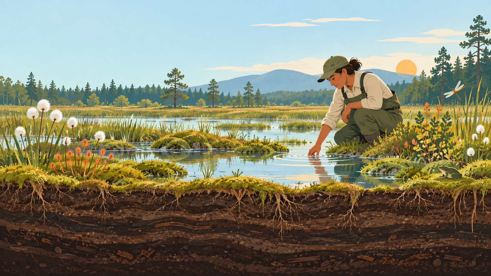 A land steward checks water flow in a restored North Carolina peatland with living wetland plants.