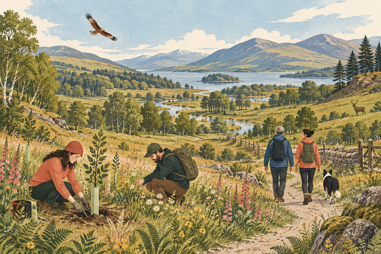 A restored Scottish landscape connecting woodland and meadow habitat.