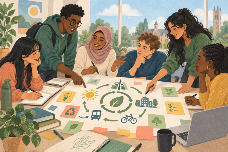 Students collaborating around a climate-learning workshop table.