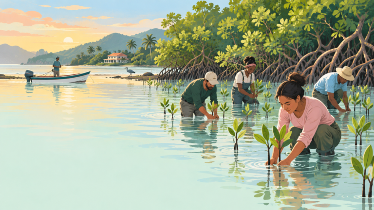 Restoration workers plant mangroves along a Costa Rican shoreline beside protective roots and calm tidal water.