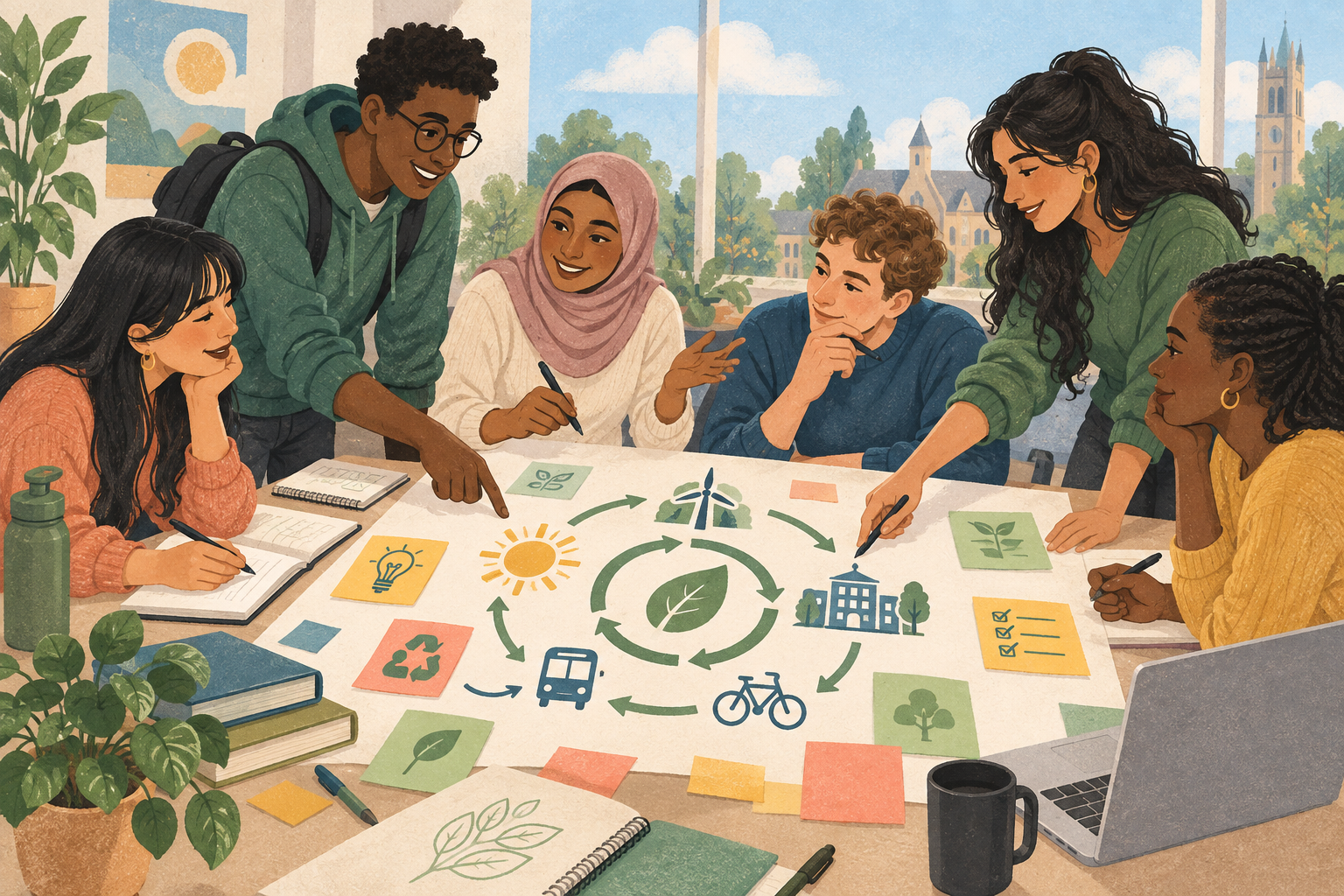 Students collaborating around a climate-learning workshop table.