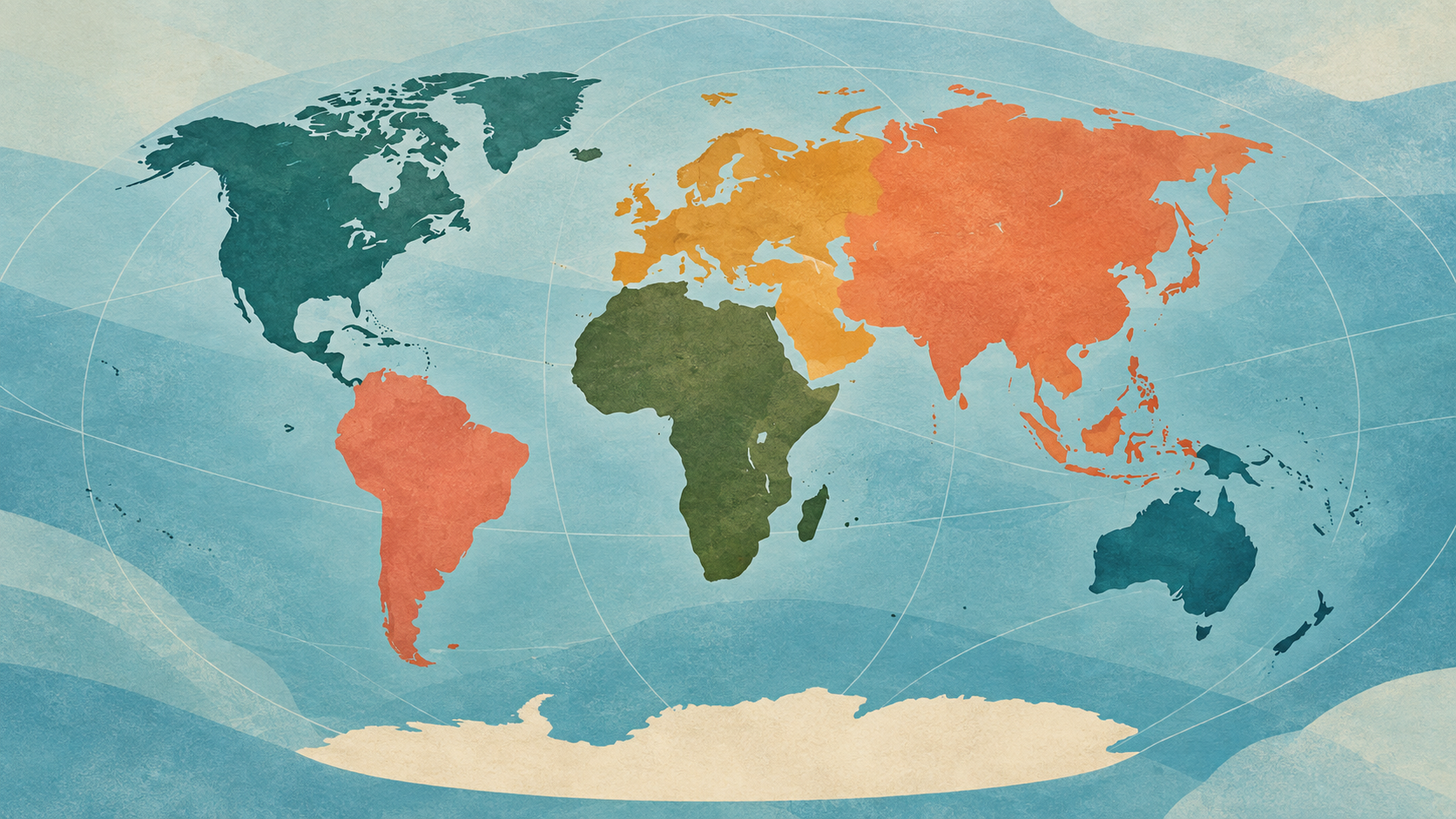 An unlabeled equal-area world map showing continents in a balanced view of Earth.