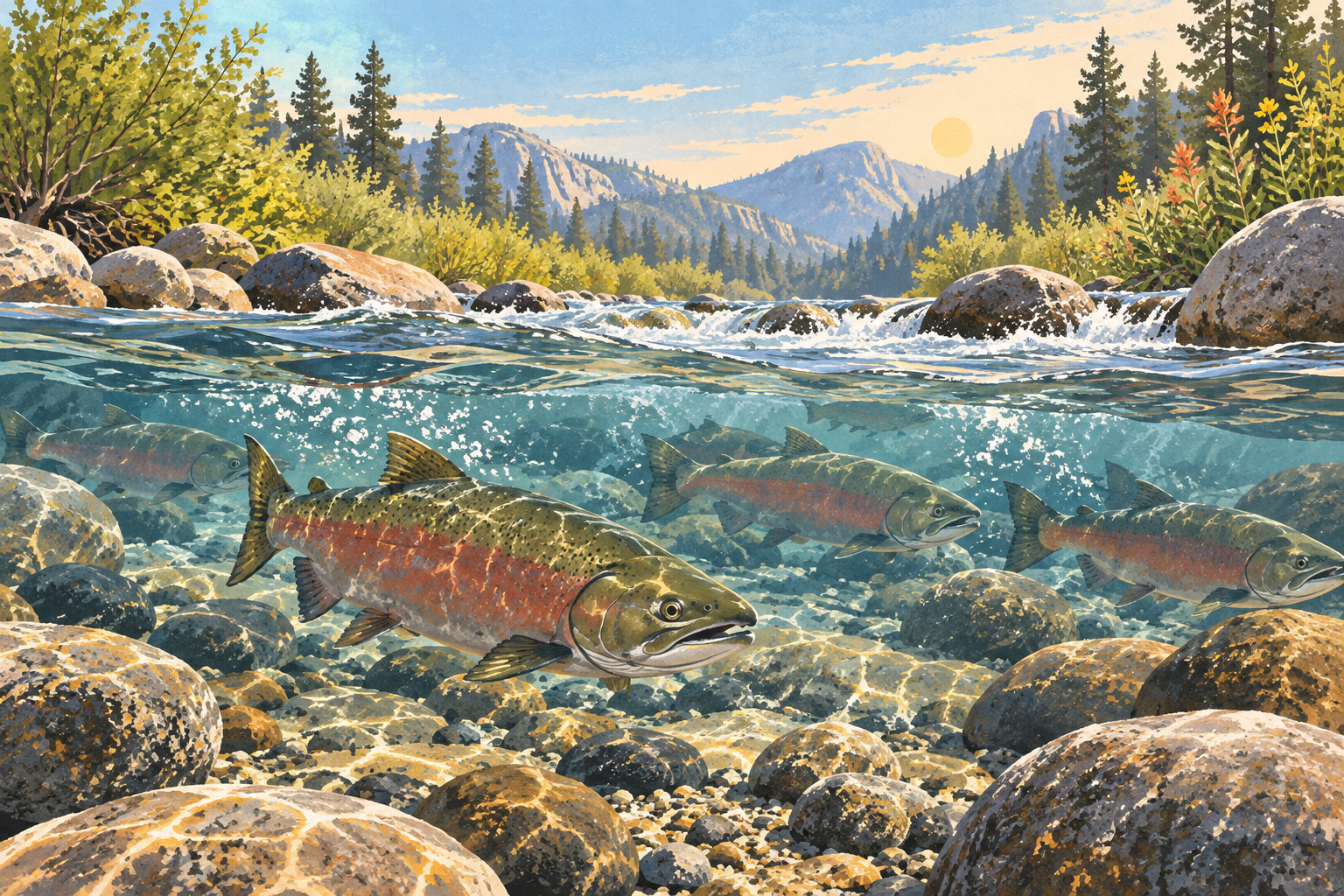 A restored river riffle providing habitat for salmon in clear moving water.