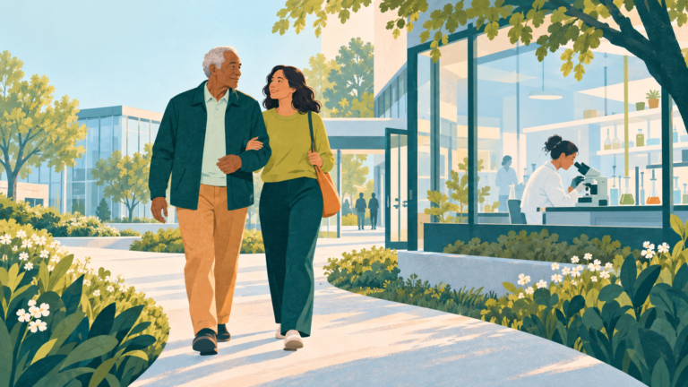 An older adult and family member walking past a sunlit laboratory where a young researcher is working.