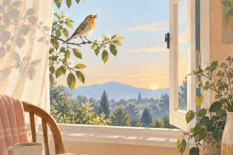 A small songbird perched on a sunlit branch in the early morning.
