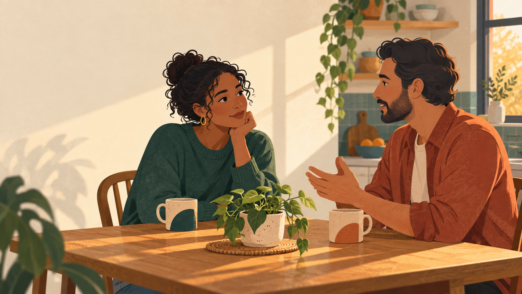 Two friends sharing a thoughtful conversation at a sunlit table.