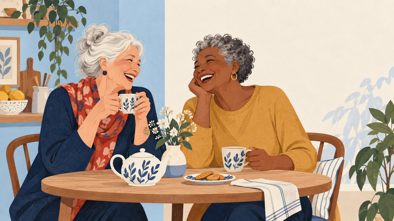 Two older friends sharing a genuine laugh over tea.