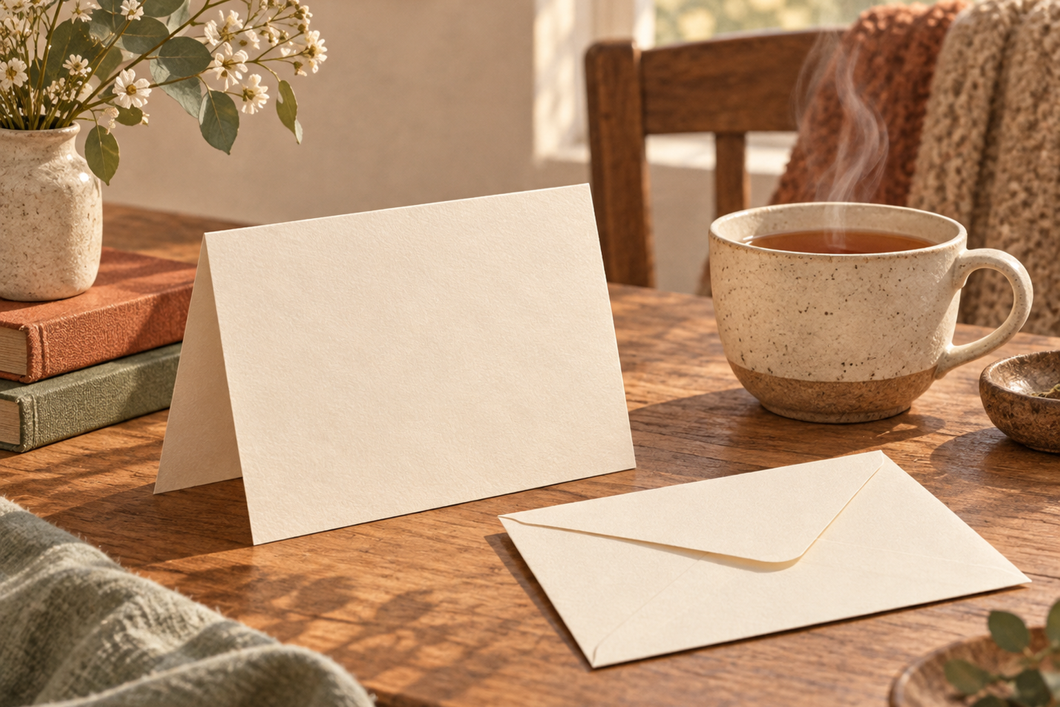A handwritten thank-you note beside an envelope and a cup of tea.