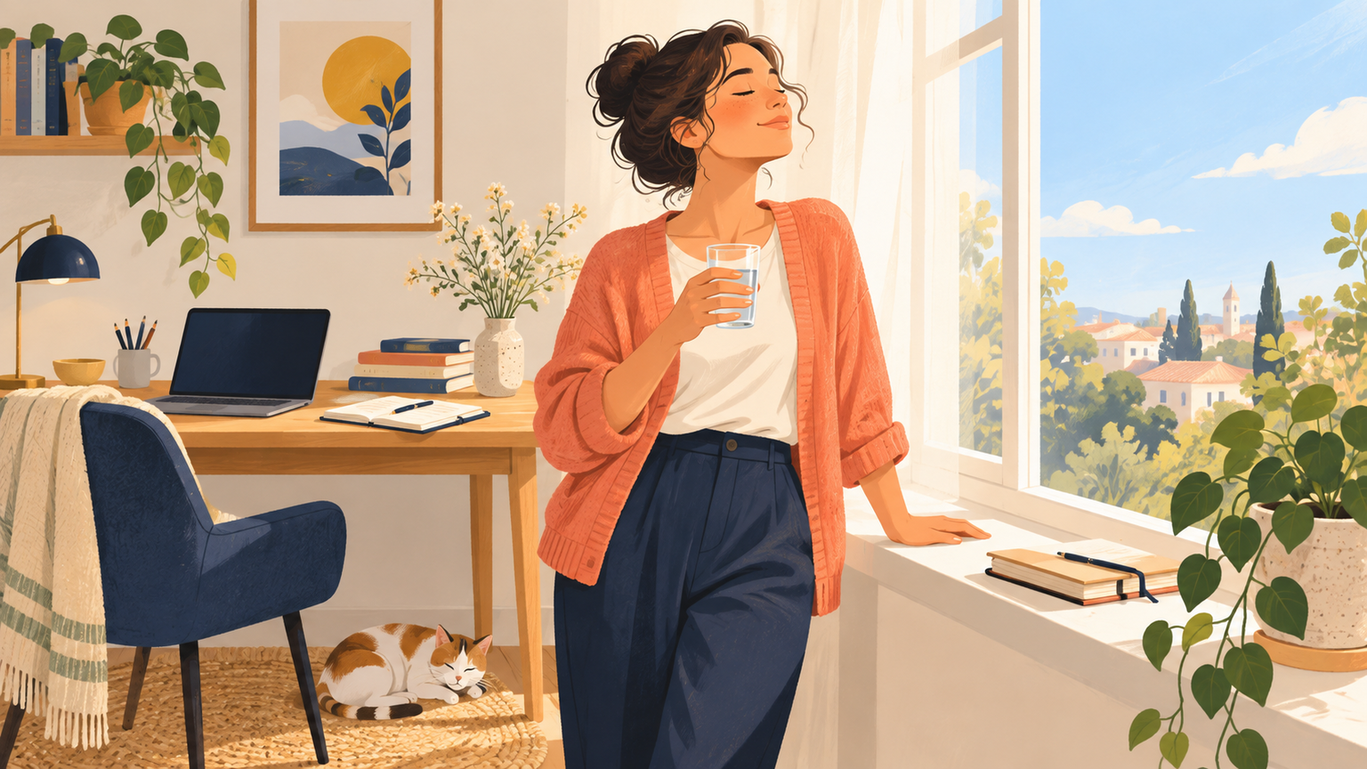 An adult taking a short restorative pause beside a bright window.