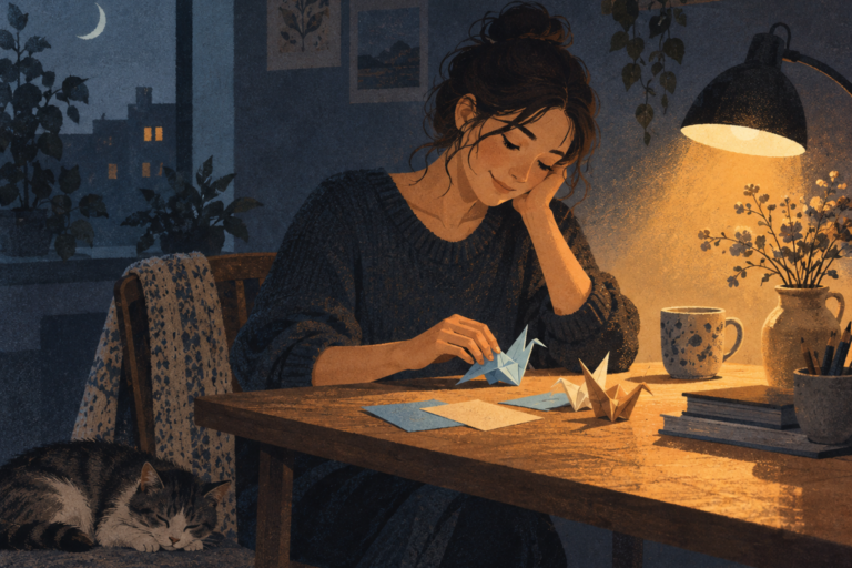 A person practicing a new skill at a desk in warm evening light.