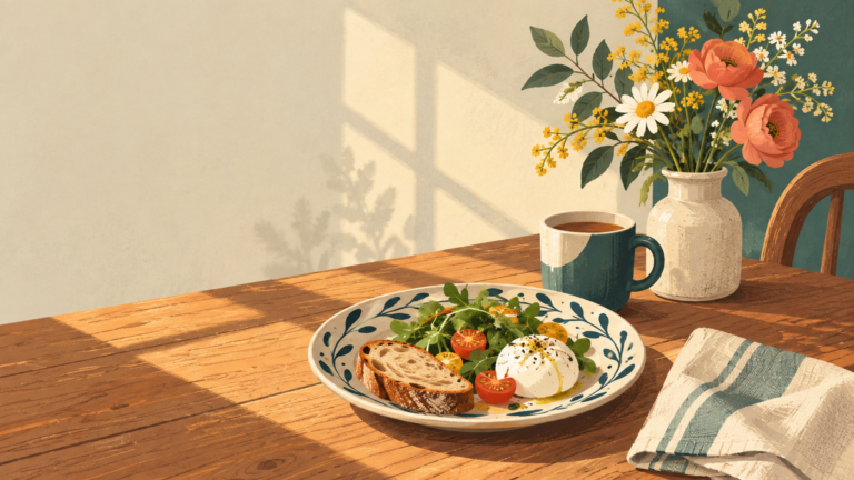 A simple meal served on a beautiful plate in warm afternoon light.