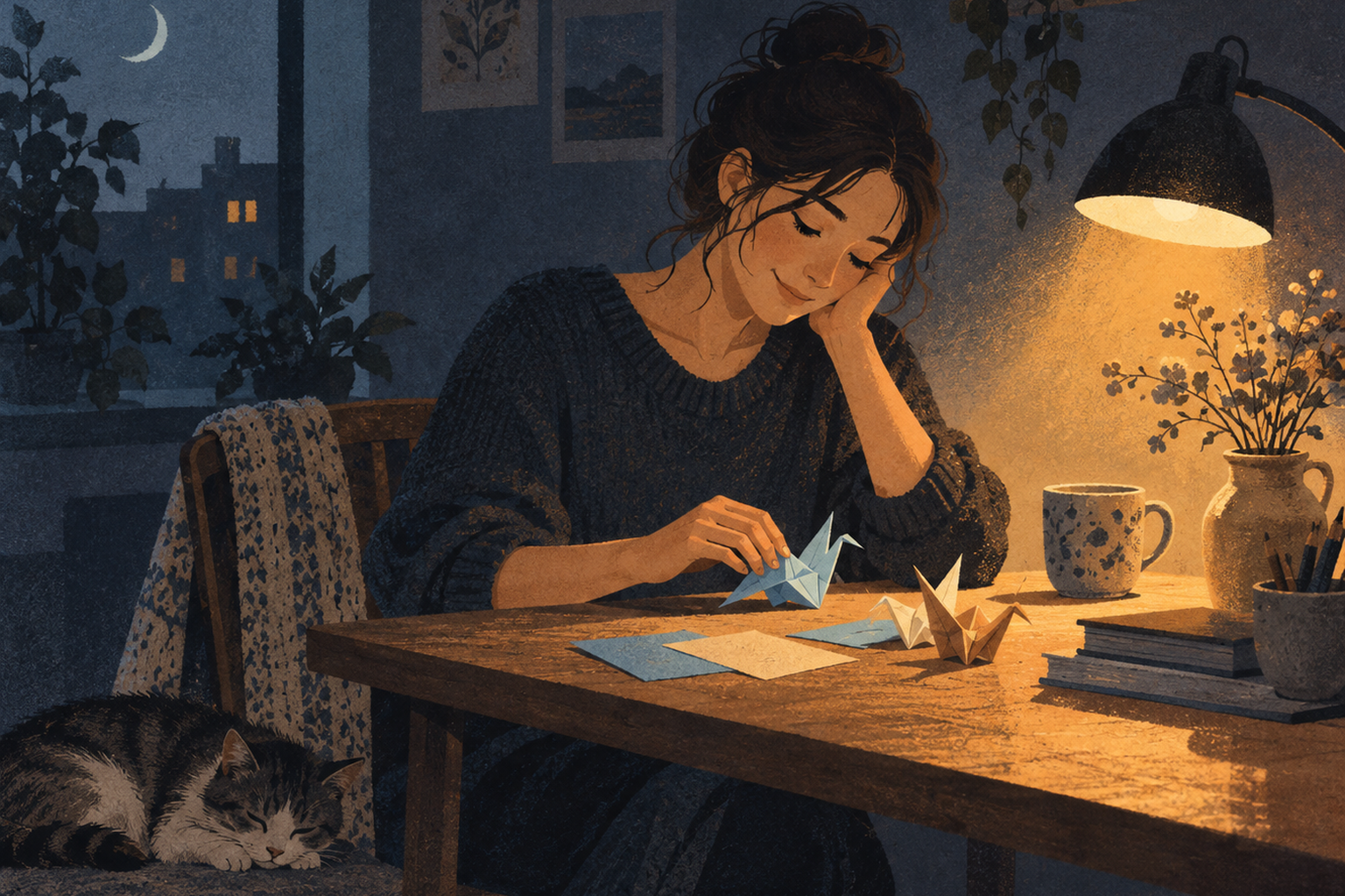 A person practicing a new skill at a desk in warm evening light.