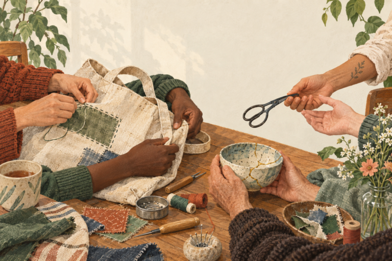 Hands repairing a small everyday object at a community table.