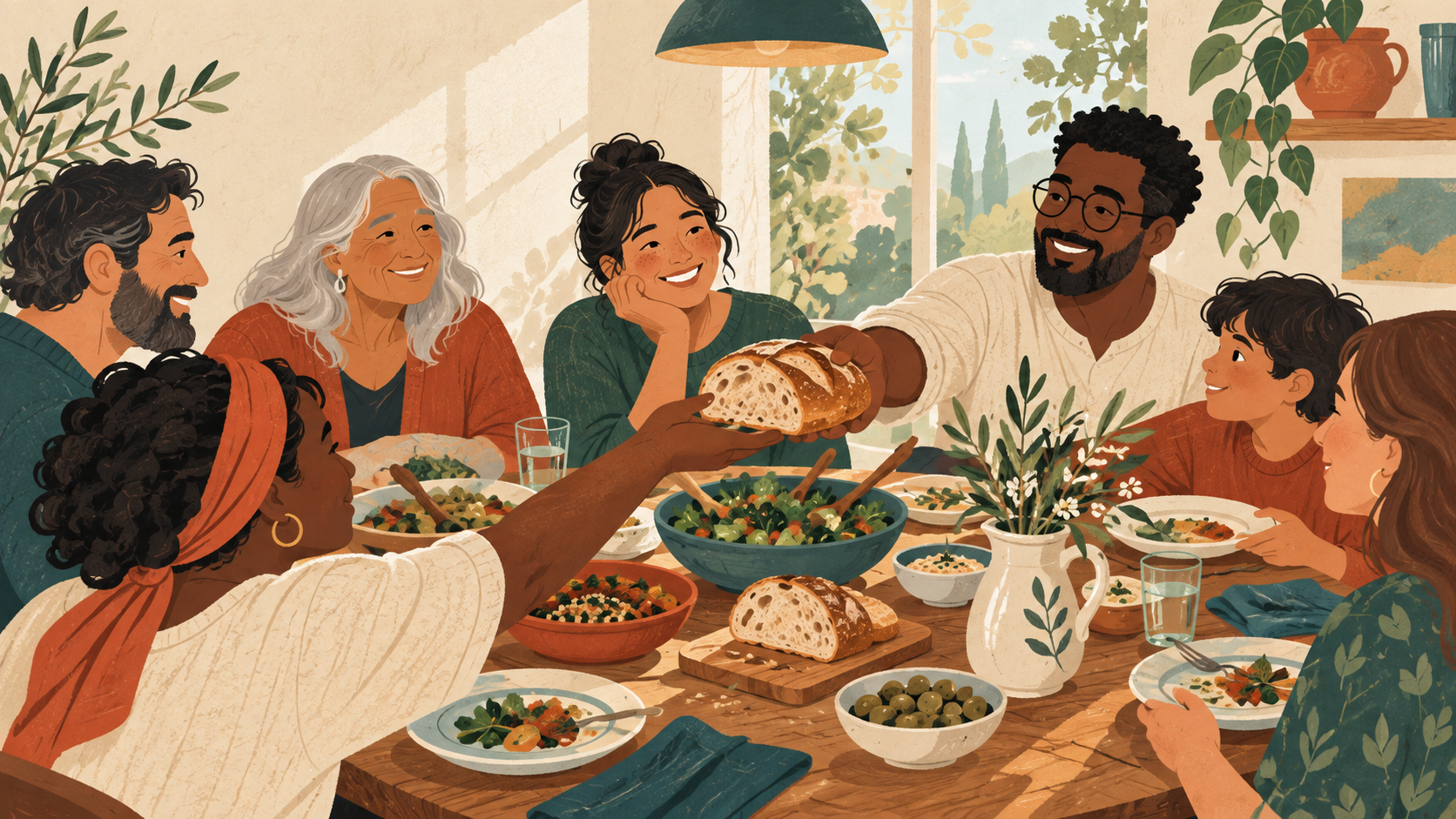 Friends or family sharing a simple meal around a warm, welcoming table.