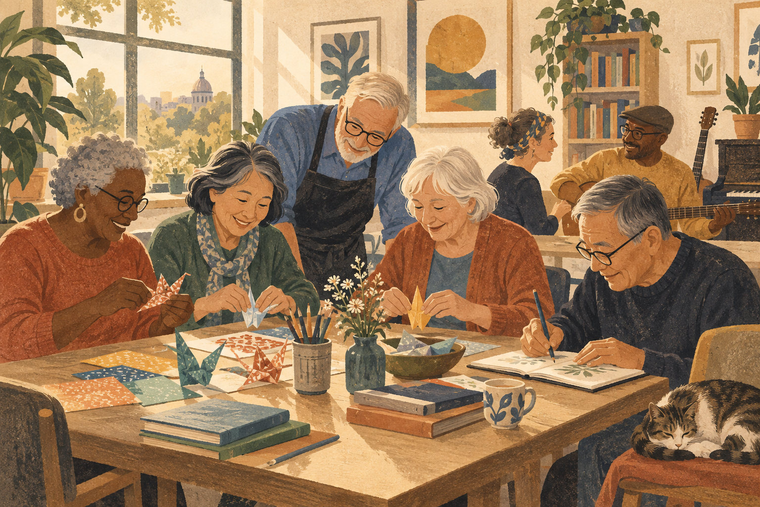 Adults gathered in a welcoming classroom to learn a new skill.