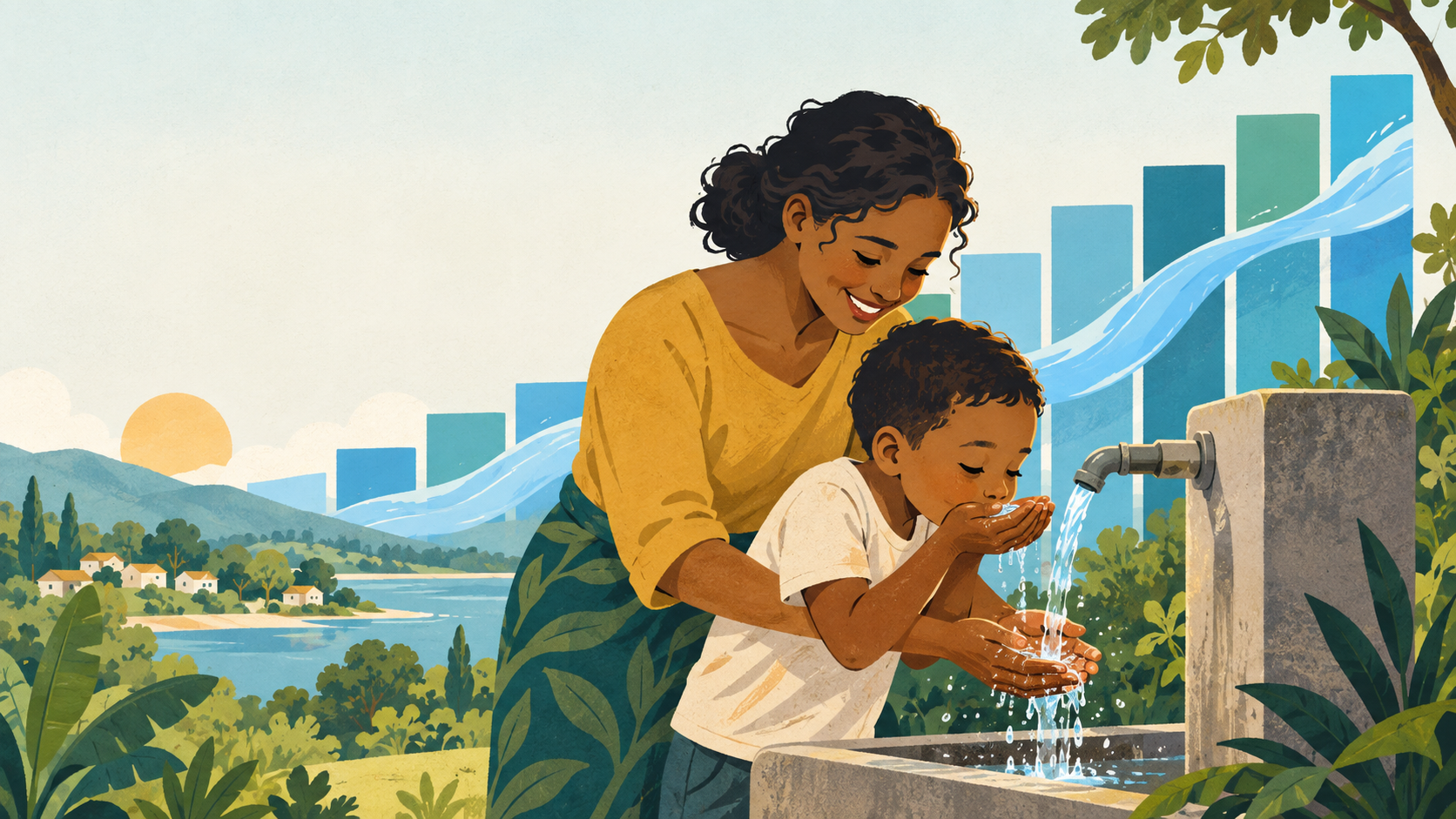 A caregiver helping a child use a safe water tap, with a simple progress chart representing expanding access to clean water.