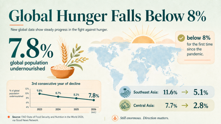 Infographic showing global undernourishment at 7.8%, below 8% for the first time since the pandemic, with regional declines in Southeast Asia and Central Asia.