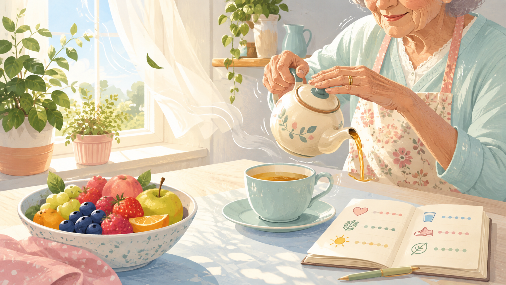 Original The Good Daily editorial illustration for “How to Live to Be 99, Backed by Science and My Grandma”.