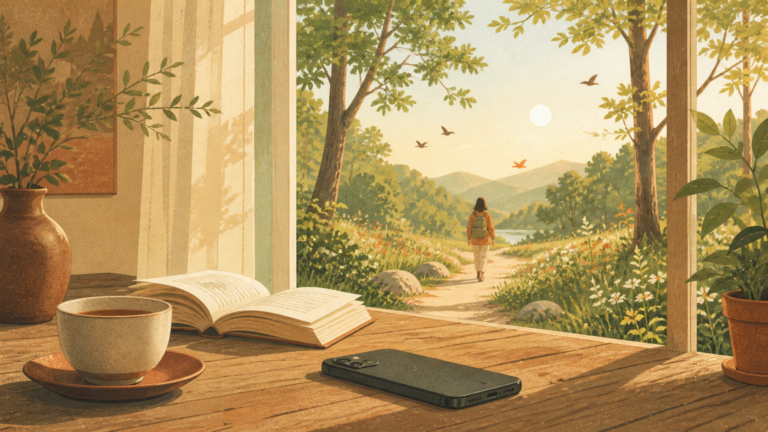 Original The Good Daily editorial illustration for “7 Things I Experienced Taking a Week Break from Technology”.