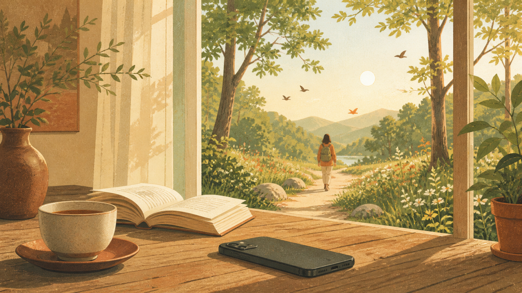 Original The Good Daily editorial illustration for “7 Things I Experienced Taking a Week Break from Technology”.