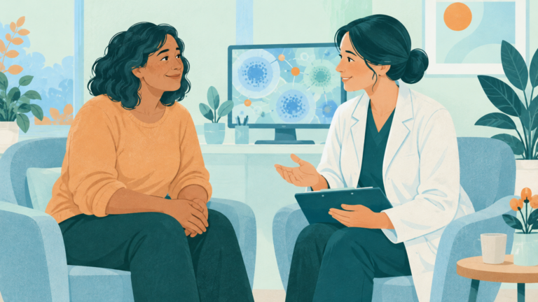 Patient and clinician discuss research in a warm consultation room with an abstract immune-cell motif in the background.