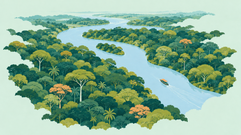 Healthy Amazon rainforest canopy and river seen from above with a small monitoring boat.