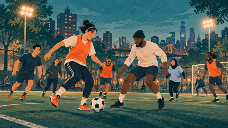 Diverse adults play soccer under field lights in an urban park.