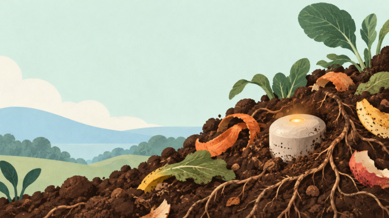 Soil, roots, food scraps, and a small sensor produce a modest glow.