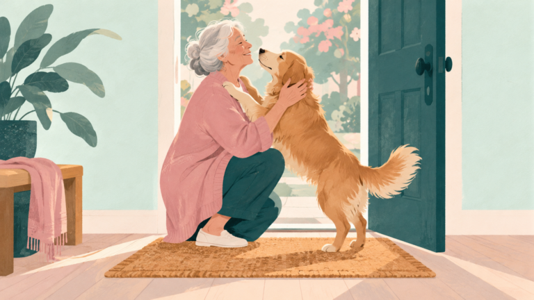 Older woman and longtime dog reunite at a front door in warm natural light.