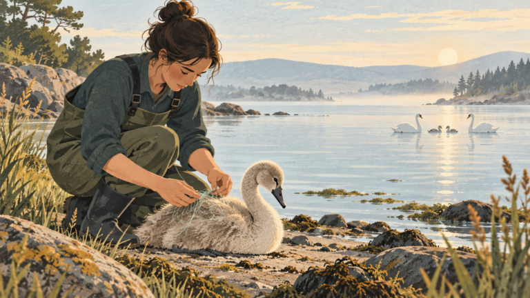 Wildlife rescuer carefully frees a young swan beside a shoreline.