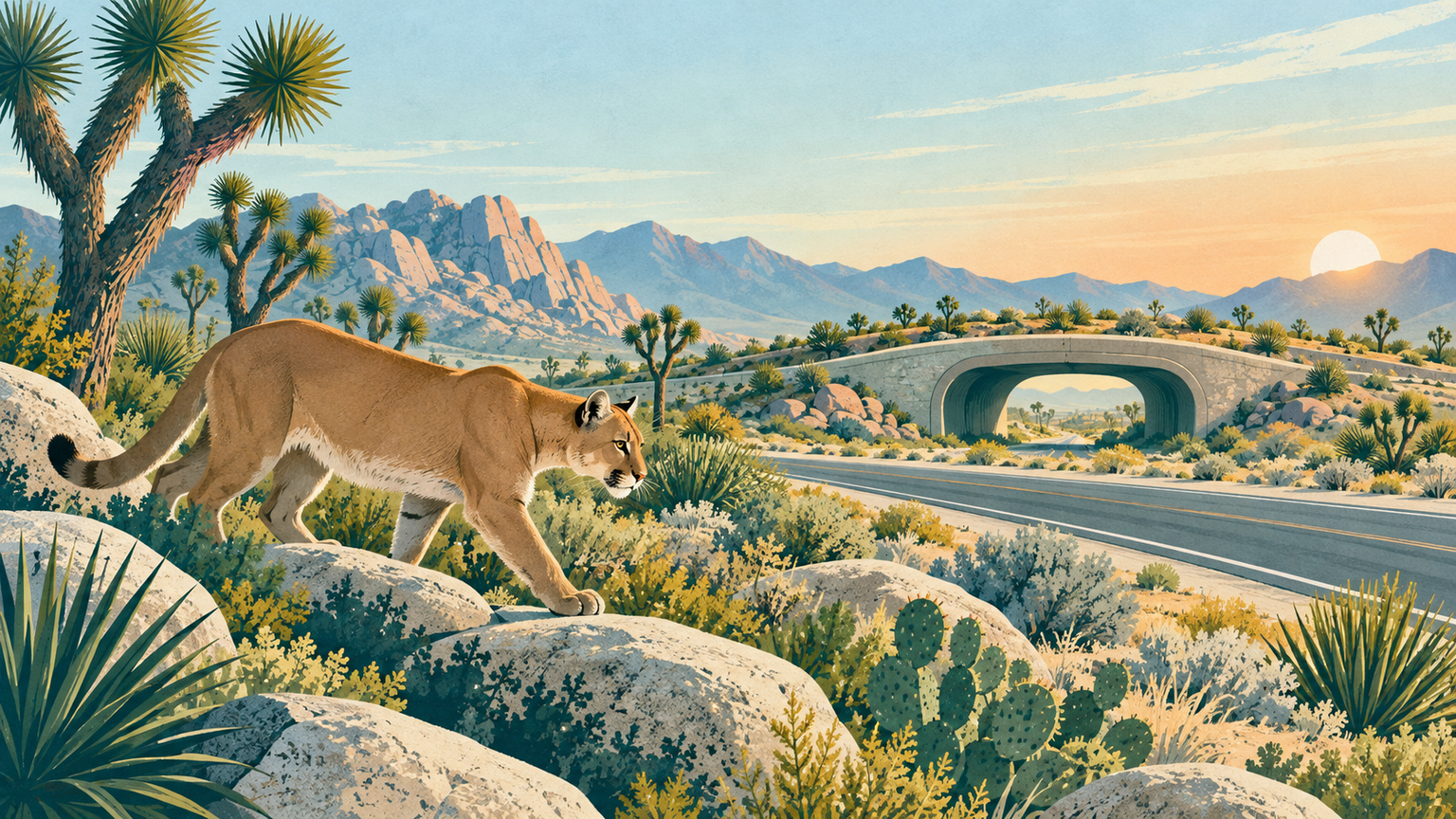Mountain lion moves through a desert corridor near a highway.