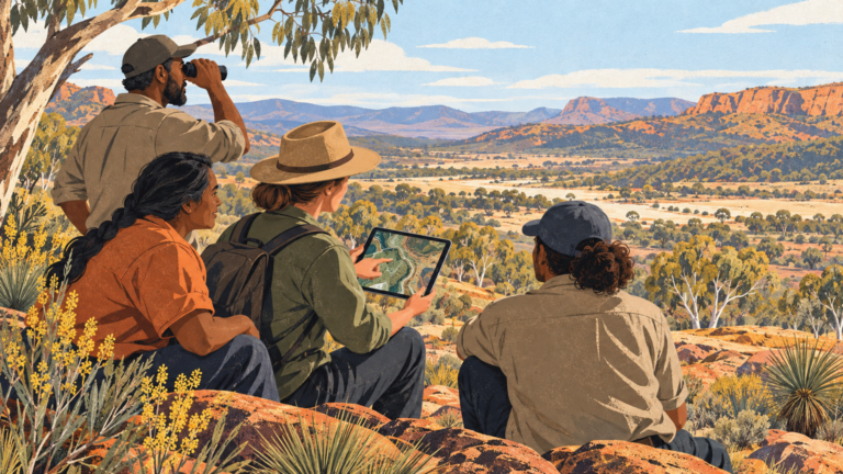 Fire-management team uses mapping technology while observing a dry Australian landscape.