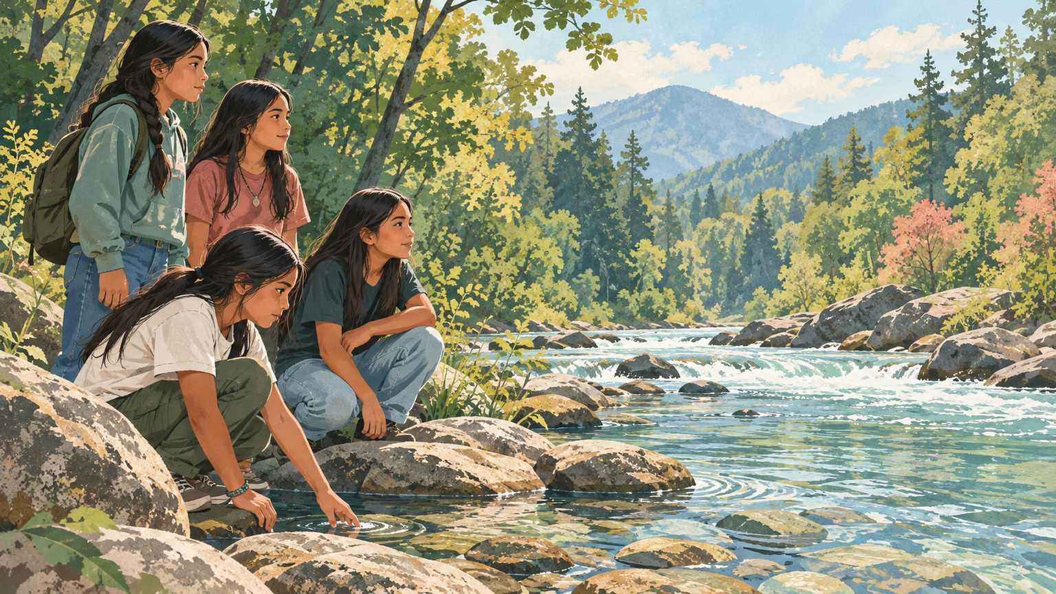 Cherokee girls stand respectfully beside a clear river and forest.