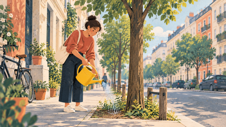 Berlin resident waters a street tree beside a city sidewalk.